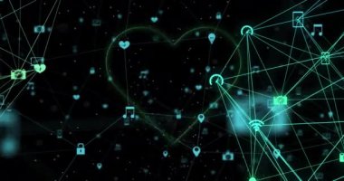 Kalp üzerinden bağlantı ağının animasyonu. iletişim teknolojisi, veri paylaşımı ve dijital arayüz konsepti dijital olarak oluşturulmuş video.