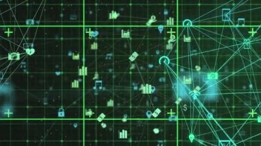 Yeşil arkaplandaki bağlantı ağının canlandırılması. iletişim teknolojisi, veri paylaşımı ve dijital arayüz konsepti dijital olarak oluşturulmuş video.