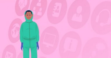 Tıbbi ikonlar üzerinde erkek doktor animasyonu. küresel covid 19 salgın konsepti dijital olarak oluşturulmuş video.