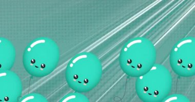 Mavi arka planda uçuşan gülümsemeli mavi balonların animasyonu. parti ve kutlama konsepti dijital olarak oluşturulmuş video.