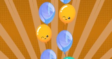 Sarı arka planda uçuşan renkli balonların canlandırması. parti ve kutlama konsepti dijital olarak oluşturulmuş video.