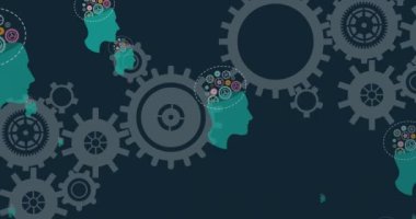 Siyah arka planda dönen dişlilerin animasyonu. iletişim teknolojisi, veri paylaşımı ve dijital arayüz konsepti dijital olarak oluşturulmuş video.