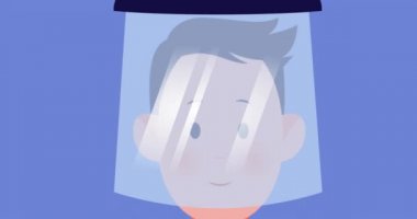 Virüs hücrelerinin üzerinde yüz kalkanı olan bir adamın animasyonu. küresel covid 19 salgın konsepti dijital olarak oluşturulmuş video.