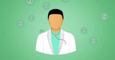Yeşil arka planda doktor ve virüs hücrelerinin canlandırılması. Grip, hastalık, virüs ve aşı konsepti dijital olarak üretilen video.