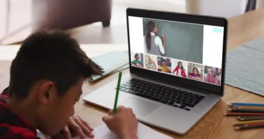 Asyalı çocuk ev ödevi yapıyor ve ev bilgisayarında öğretmen ve sınıf arkadaşlarıyla video konferansı yapıyor. uzak öğrenim ve çevrimiçi eğitim kavramı