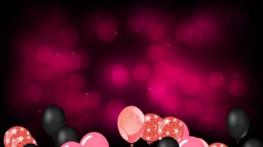 Siyah arka planda kırmızı ışıkta uçan renkli balonların canlandırması. parti ve kutlama konsepti dijital olarak oluşturulmuş video.