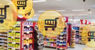 Alışveriş ikonlarının dükkan üzerindeki animasyonu. iletişim teknolojisi, veri paylaşımı ve dijital arayüz konsepti dijital olarak oluşturulmuş video.