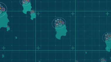 Mavi arka planda dişli kafalar animasyonu. iletişim teknolojisi, veri paylaşımı ve dijital arayüz konsepti dijital olarak oluşturulmuş video.
