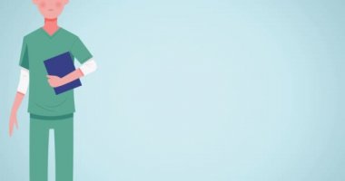 Yeşil arka planda yüz maskesi olan kadın doktor animasyonu. küresel covid 19 salgın konsepti dijital olarak oluşturulmuş video.