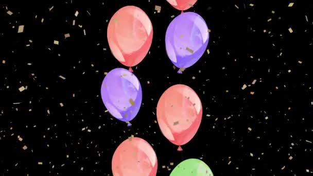 Animation Colorful Balloons Flying Falling Confetti Black Background Party Celebration — Stock Video