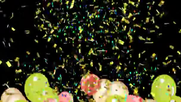 Animering Färgglada Ballonger Flyger Och Faller Konfetti Över Svart Bakgrund — Stockvideo