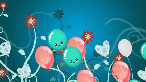 Animation Ballons Colorés Volant Fleurs Sur Fond Bleu Fête Concept — Video