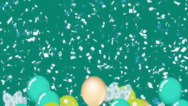 Animación Globos Colores Volando Cayendo Confeti Sobre Fondo Verde Concepto — Vídeo de stock