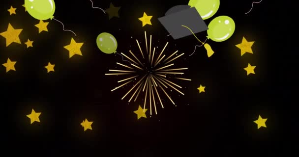 背景に星の上に風船の飛行や卒業帽子のアニメーション パーティーやお祝いのコンセプトをデジタルで — ストック動画