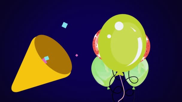 Animation Von Bunten Luftballons Und Konfetti Mais Vor Dunklem Hintergrund — Stockvideo