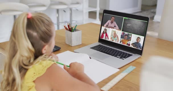 Chica Caucásica Que Tiene Una Videoconferencia Con Maestro Compañeros Clase — Vídeos de Stock