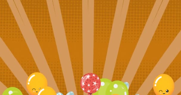 Анимация Разноцветных Воздушных Шаров Летящих Над Золотым Фоном Вечеринка Празднование — стоковое видео