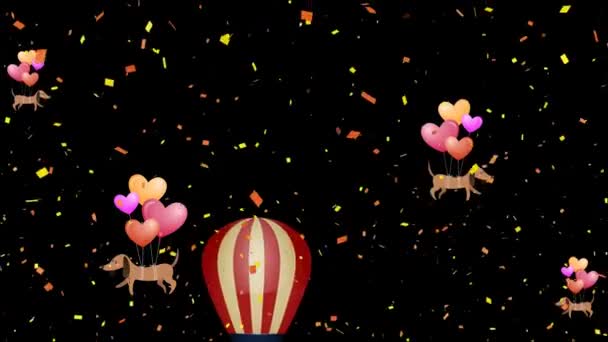 Animação Balão Quente Voando Cães Voadores Sobre Fundo Escuro Festa — Vídeo de Stock