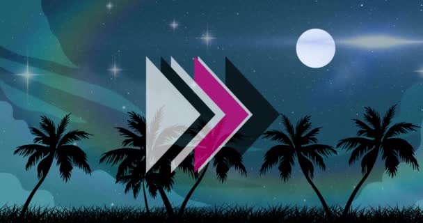 Palmiye Ağaçları Üzerindeki Oklar Yıldızlar Gökyüzündeki Animasyonu Tropik Yaz Tatili — Stok video