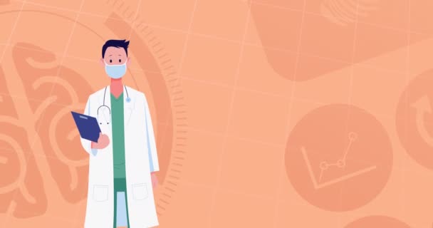 Animacja Męskiego Lekarza Masce Ikonach Medycznych Globalna Koncepcja Pandemii Wideo — Wideo stockowe