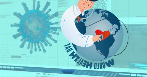 Animacja Lekarza Nad Ikonami Medycznymi Koncepcja Grypy Choroby Wirusa Szczepień — Wideo stockowe