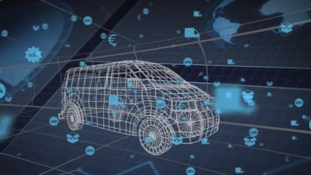 Animacja Cyfrowego Samochodu Nad Ikonami Mediów Technologie Komunikacyjne Udostępnianie Danych — Wideo stockowe