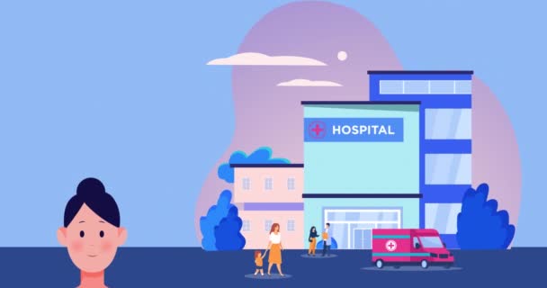 医生和医院图标在紫色背景上移动的动画 病毒和疫苗接种概念数码视频 — 图库视频影像