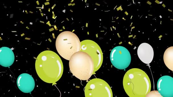 Animatie Van Kleurrijke Ballonnen Vliegen Vallen Confetti Zwarte Achtergrond Feest — Stockvideo