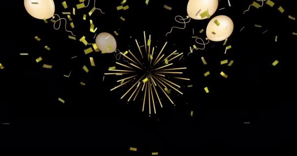 Animatie Van Kleurrijke Ballonnen Vliegen Vallen Confetti Zwarte Achtergrond Feest — Stockvideo