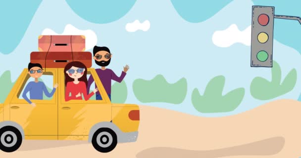 Sammansättning Lyckliga Föräldrar Och Barn Som Reser Semester Tillsammans Bil — Stockvideo