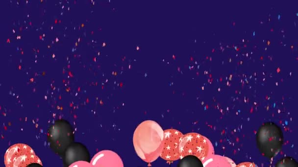 Animación Globos Colores Volando Confeti Cayendo Sobre Fondo Azul Concepto — Vídeos de Stock