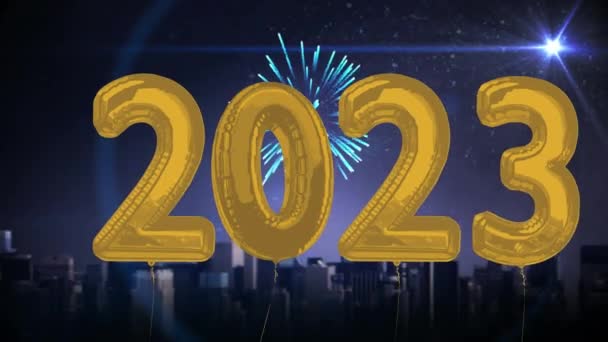 Animazione 2023 Palloncini Fuochi Artificio Sfondo Nero Partito Celebrazione Concetto — Video Stock
