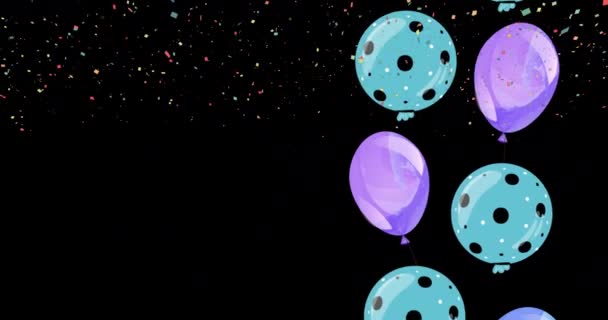 Animatie Van Kleurrijke Ballonnen Vliegen Vallen Confetti Zwarte Achtergrond Feest — Stockvideo
