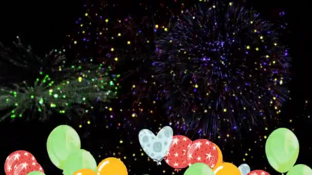 Анимация Разноцветных Воздушных Шаров Фейерверков Черном Фоне Вечеринка Празднование Концепции — стоковое видео