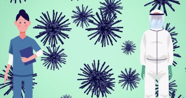Анимация Запретного Знака Вирусными Клетками Над Движущимися Вирусными Иконами Концепция — стоковое видео