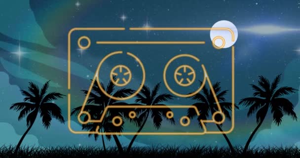 Анимация Кассеты Над Пальмами Звездами Луной Небе Тропические Летние Каникулы — стоковое видео