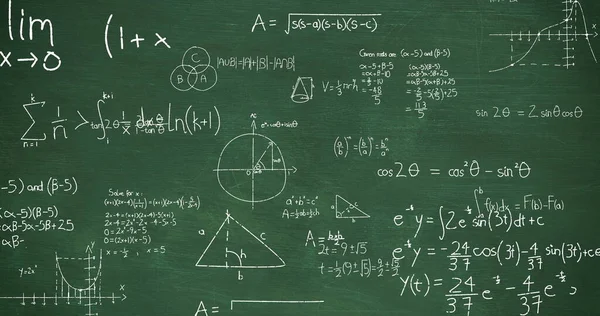 Matematiksel Denklemleri Hesaplamaları Yeşil Karatahta Arka Planında Hareket Eden Beyaz — Stok fotoğraf