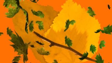 Turuncu arka plana düşen birden fazla sonbahar yapraklarının animasyonu. Doğa, sonbahar ve mevsimler dijital olarak üretilen video konsepti.