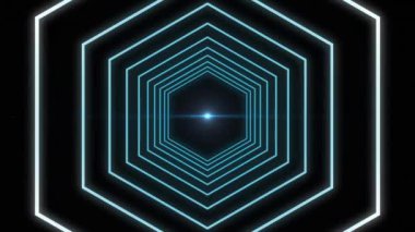 Siyah arkaplandaki ışığa karşı kusursuz hareket eden altıgen şekillerin dijital animasyonu. doku ve tasarım ile teknoloji arkaplanı