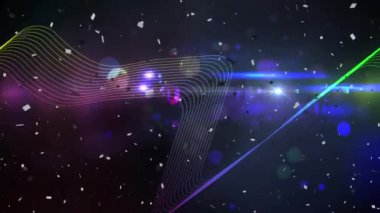 Dijital dalgaların üzerine düşen konfetilerin dijital animasyonu ve siyah arkaplana vuran ışık noktaları. gece hayatı ve disko konsepti