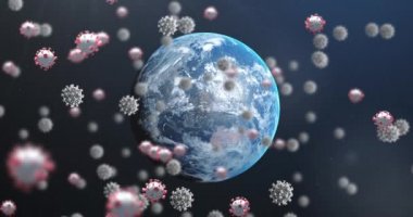 Mavi arka plan üzerinde yüzen çoklu covid-19 hücrelerinin dijital animasyonu. Coronavirus covid-19 salgın konsepti