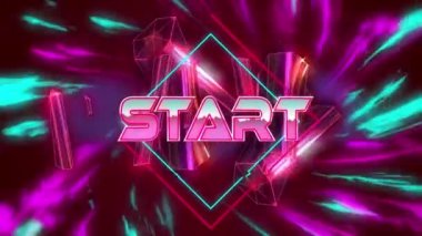 Pembe kristaller ve pembe arkaplandaki dijital dalgalara karşı neon pankart üzerinden metne başla. Video oyunu arayüzü ve teknoloji kavramı