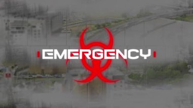 Arka planda kırmızı biyolojik tehlike sembolü üzerine acil durum mesajı var. Coronavirus covid-19 salgın konsepti