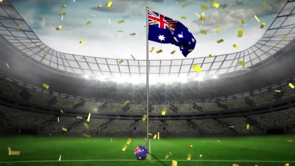 Gouden Confetti Valt Zwaaiende Australische Vlag Tegen Sportstadion Achtergrond Sportwedstrijd — Stockvideo