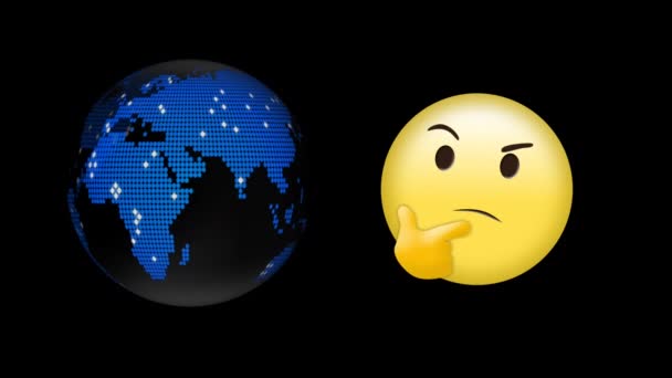 Digitális Animáció Gondolkodás Arc Emoji Forgó Földgömb Ikon Fekete Háttér — Stock videók