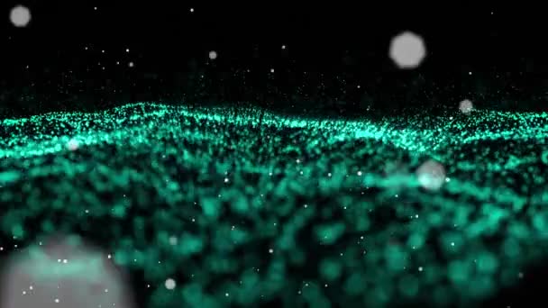 Цифрова Анімація Декількох Білих Точок Плавають Зелених Цифрових Хвилях Чорному — стокове відео