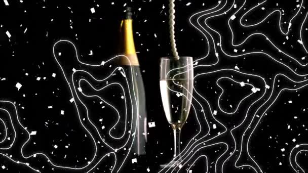 Topografia Coriandoli Che Cadono Perle Perle Che Cadono Bicchiere Champagne — Video Stock