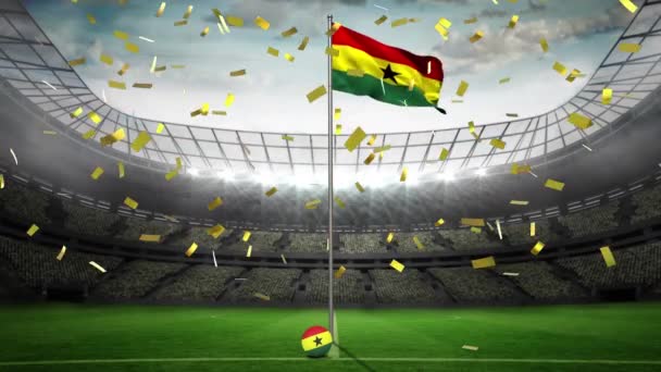 Golden Confetti Vallen Zwaaien Ghana Vlag Tegen Sportstadion Achtergrond Sportwedstrijd — Stockvideo