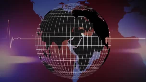 Monitor Frecuencia Cardíaca Sobre Globo Giratorio Contra Mapa Del Mundo — Vídeo de stock