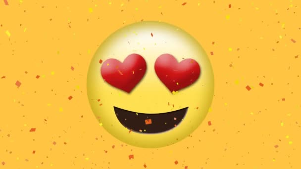 Animazione Digitale Coriandoli Che Cadono Sopra Occhi Cuore Affronta Emoji — Video Stock